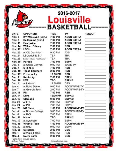 Printable 2016-2017 Louisville Cardinals Basketball Schedule