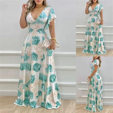 MAXI ROBE IMPRIM Fleur Bleu Blanc Maxi Pour Femmes Avec Col En V Et