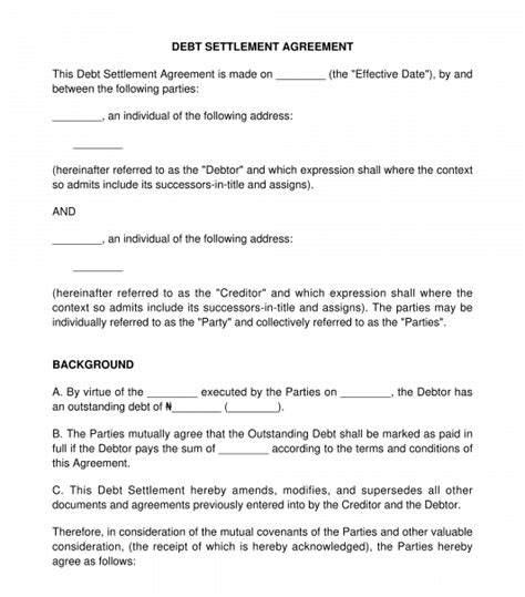 Debt Settlement Agreement Free Sample Template