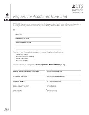 Request For Academic Transcript Dallas Theological Seminary Dts Form