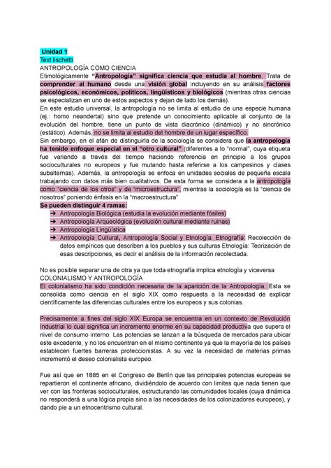 Resumen Antropología Unidad 1 Text lischetti ANTROPOLOGÍA COMO