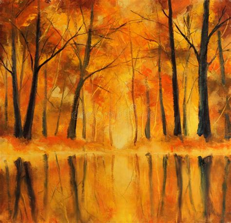 Reflection Of Autumn Trees In Water Painting Stock Illustration