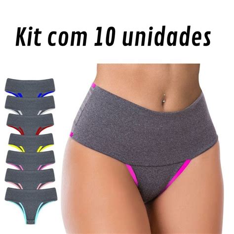 Kit 10 Calcinhas Fitness Cintura Alta Forro 100 Algodão Shopee Brasil