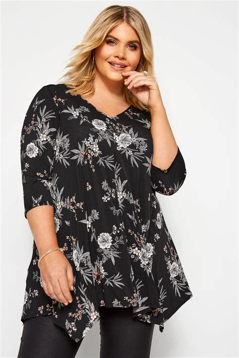 Black Floral Hanky Hem Top Yours Clothing