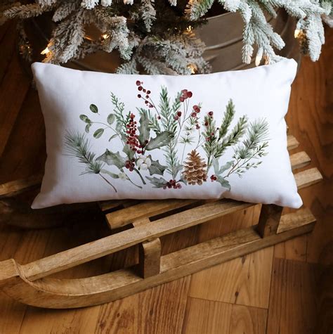 Watercolor Pine And Berry Lumbar Pillow Botanical Christmas Lumbar