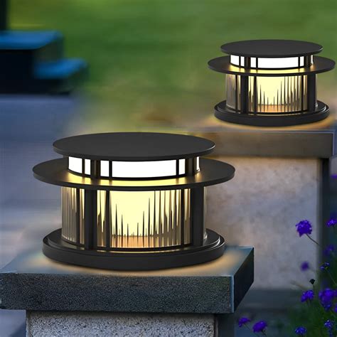 Round Waterproof Led Black Modern Solar Fence Post Lights Pillar Light Outdoor Post Caps Lights