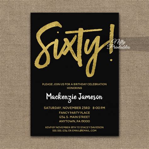 60th Birthday Invitations Black Gold Script PRINTED - Nifty Printables