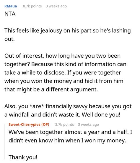 Woman Doesnt Tell Bf She Won Money Years Ago He Freaks Out