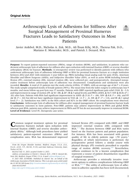 PDF Arthroscopic Lysis Of Adhesions For Stiffness After Surgical