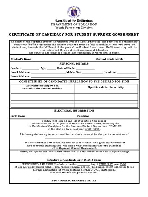 Certificate Of Candidacy And Parental Consent 1 Government Politics