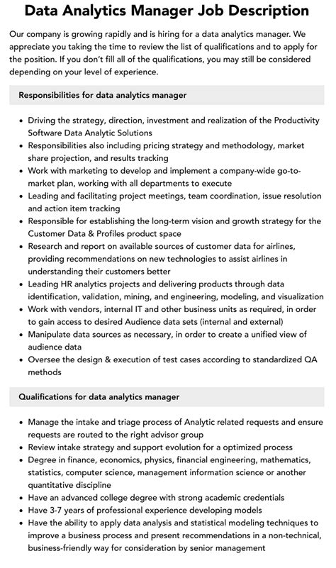 Data Analytics Manager Job Description Velvet Jobs