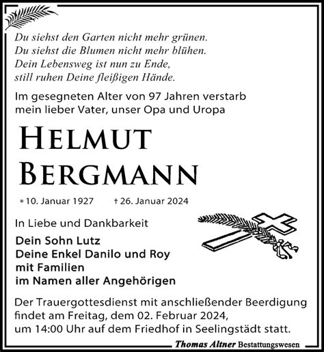 Traueranzeigen Von Helmut Bergmann Trauer Anzeigen De