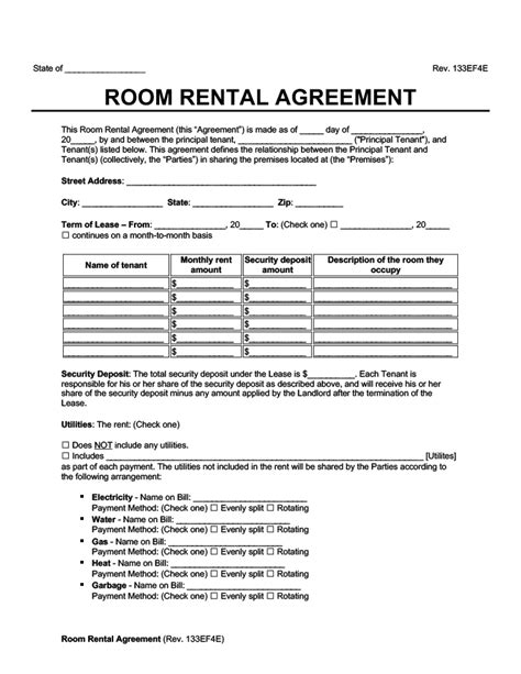 Template Room Rental Agreement Uk