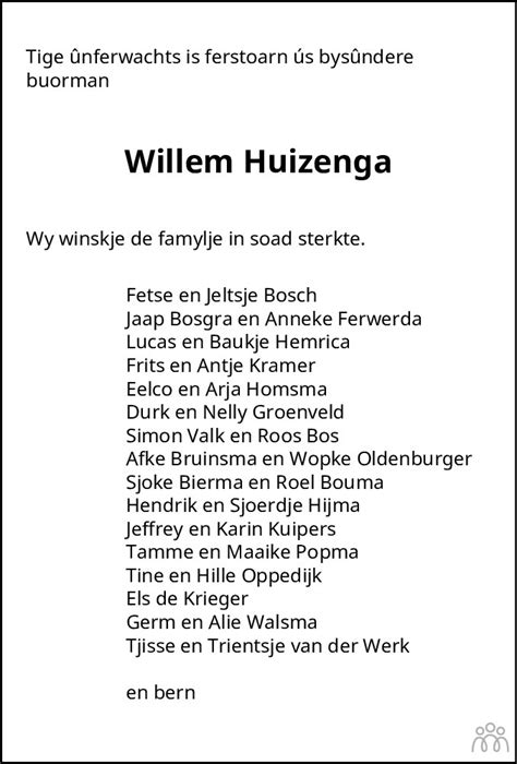 Willem Bernhard Huizenga Overlijdensbericht En Condoleances