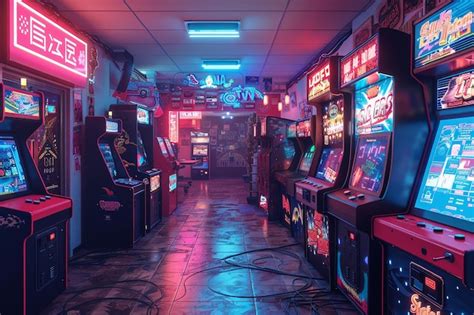 Sala de juegos retro con máquinas arcade antiguas y un letrero de neón