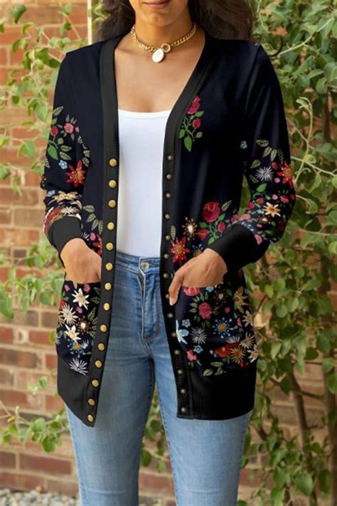 Floral Print V Neck Buttons Long Sleeves Cardigan Curvedream