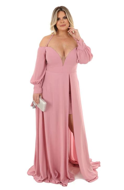 Vestido De Festa Plus Size Rosa Com Manga Impression Modas