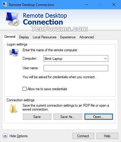 Save Remote Desktop Connection Settings To Rdp File In Windows Tutorials