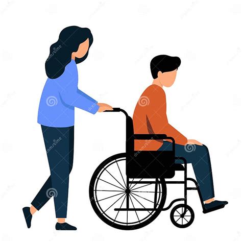 Woman Pushing A Man In A Wheelchair The Guy Can`t Walk Stock Vector