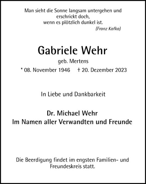 Traueranzeigen Von Gabriele Wehr Trauer In Nrw De