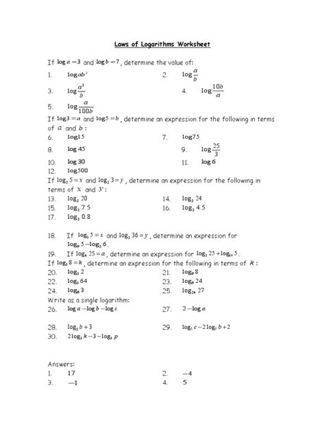 L Laws Of Logarithms Worksheet Pdf Worksheets Library