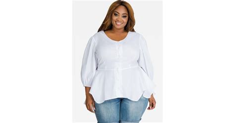 Lyst Ashley Stewart Button Front Puff Sleeve Peplum Blouse In White