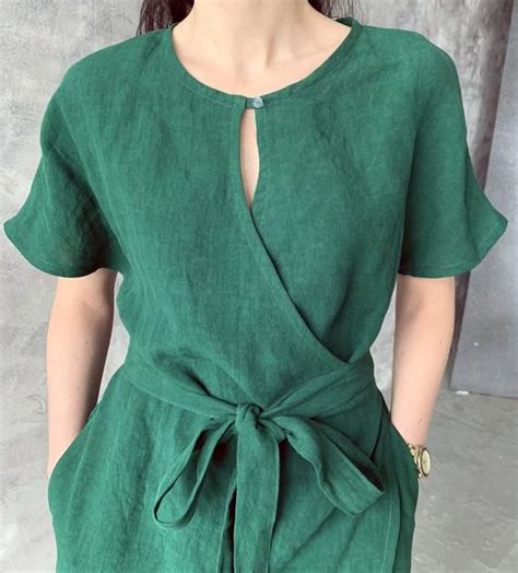 Linen Loose Kimono Wrap Summer Dress With Pockets Emerald Etsy