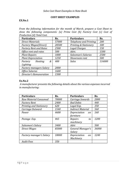 Ca Cost Sheet Exno 1 To20 27 Solve Cost Sheet Examples In Note Book Cost Sheet Examples Ex