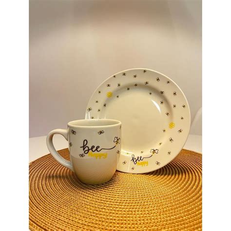 Conjunto de prato e xícara Honey em Porcelana Linha Bee Happy Hauskraft