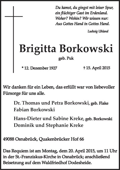 Traueranzeigen Von Brigitta Borkowski Noz Trauerportal