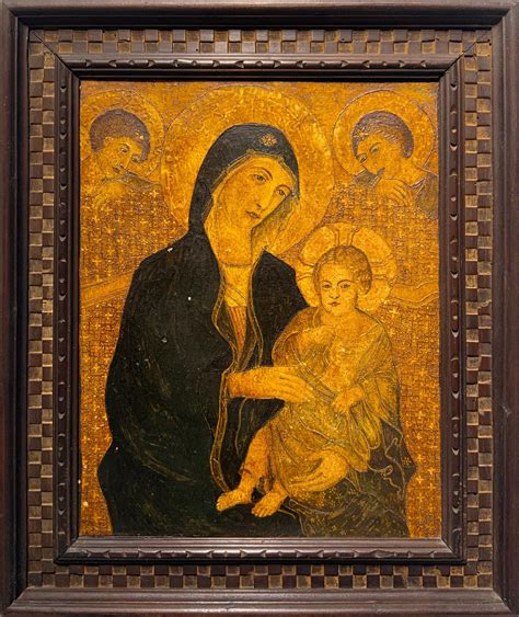 Dipinto a tempera su terracotta raffigurante Madonna con Gesù Bambino e