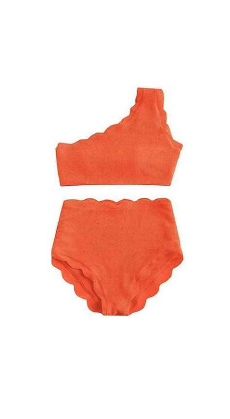 High Waisted Swimsuit 2 Piece Scalloped Trim One Shoulder Bikini Set M