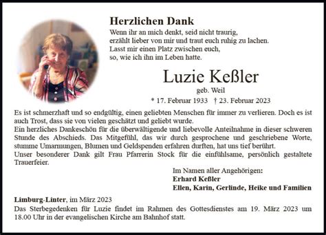 Traueranzeigen von Luzie Keßler vrm trauer de