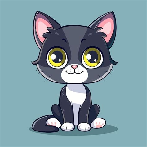 Adorable Gato De Dibujos Animados Con Ojos Grandes Y Bigotes Sentado