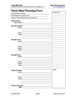 Bsa Meal Planning Worksheet Fill Online Printable Fillable Blank