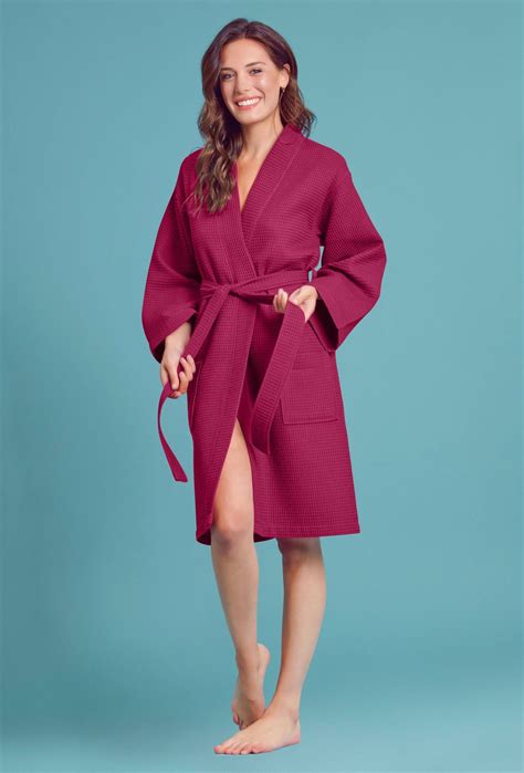 Wine Red Kimono Waffle Robe Womens Bath Spa Robe Lightweight Cott