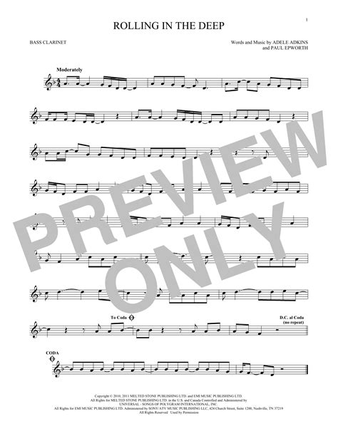 Rolling In The Deep Bass Clarinet Solo Print Sheet Music Now