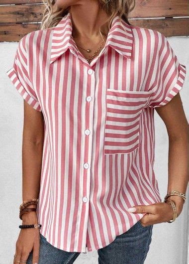 Pink Pocket Striped Short Sleeve Shirt Collar Blouse