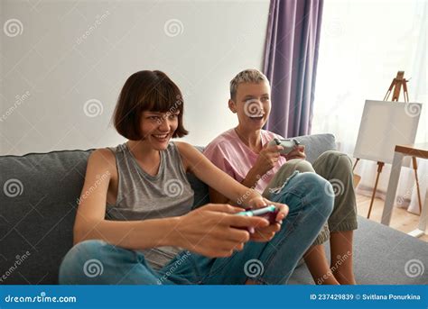 Young Excited Lesbian Girls Playing Video Game Stock Image Image Of