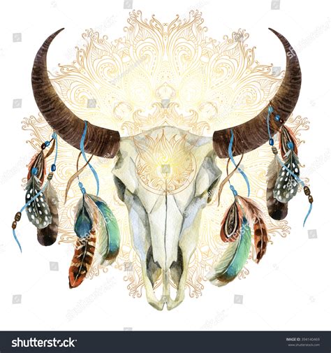 Watercolor Buffalo Skull Feathers On Golden Stock Illustration