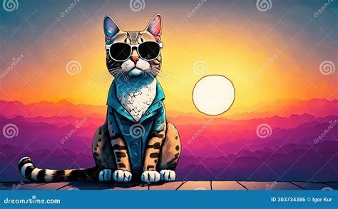 Funny Illustration With A Cute Cat Wearing Sunglasses 4k Stock