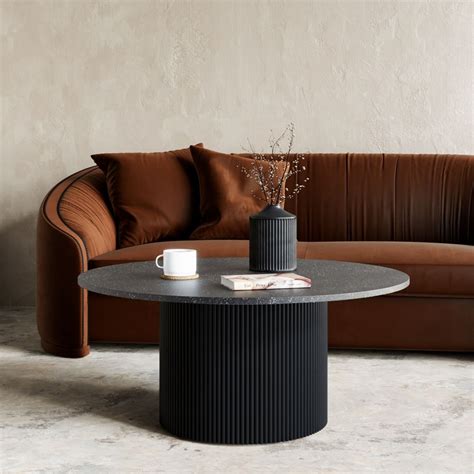 Carra Marble Coffee Table Black Large Round Top With Fluted Ribbed Drum