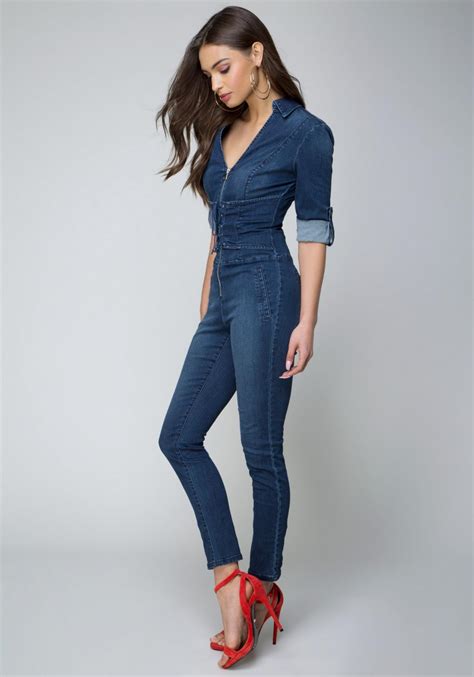 Bebe Denim Corset Jumpsuit In Blue Lyst