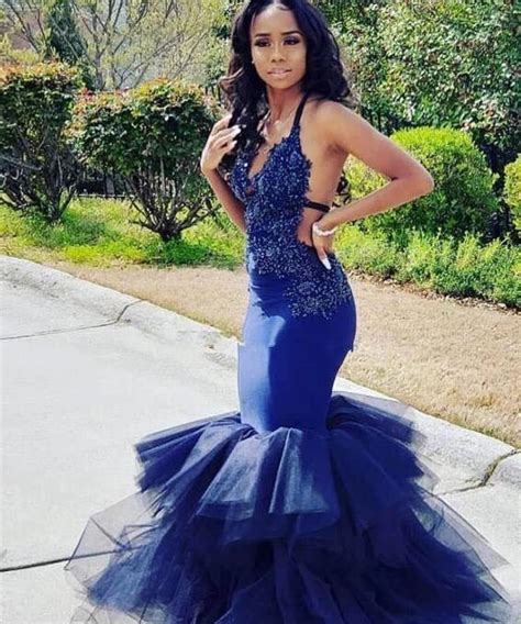 Mermaid Royal Blue Prom Dresses Evening Gowns With Appliques Beadedfly870 Black Girl Prom