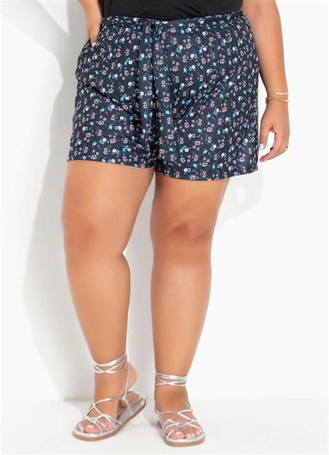 Short Floral Marinho Amarração Plus Size Marguerite