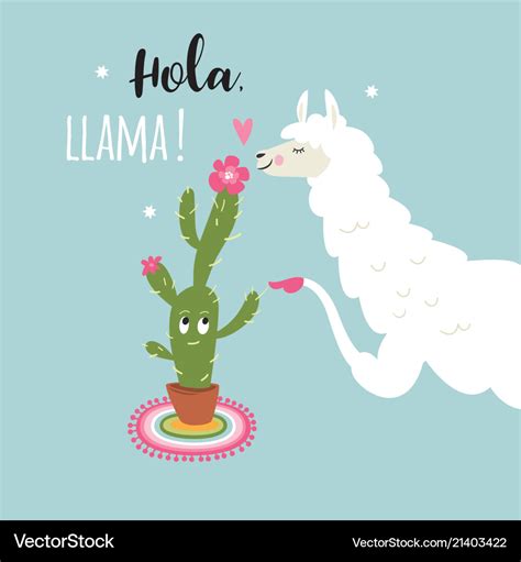 Cute Llama With Cactus Flower Royalty Free Vector Image