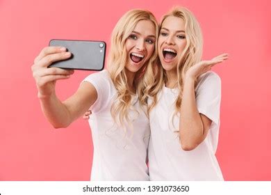 Cheerful Blonde Twins Wearing Tshirts Making Stock Photo Shutterstock