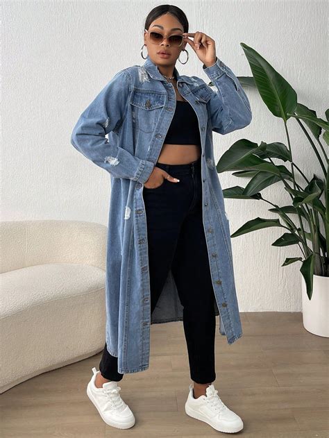 Plus 1pc Flap Pocket Ripped Denim Coat In 2023 Long Denim Jacket Denim Coat Outfit Denim