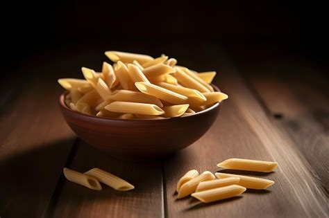 Premium Ai Image Pasta Penne In A Bowl On Dark Wooden Background Ai