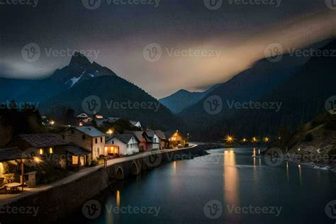 Photo Wallpaper The Sky Mountains River Night The Village The